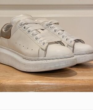 Alexander McQueen 34 1/2 Classic White and Gold Platform Sneakers